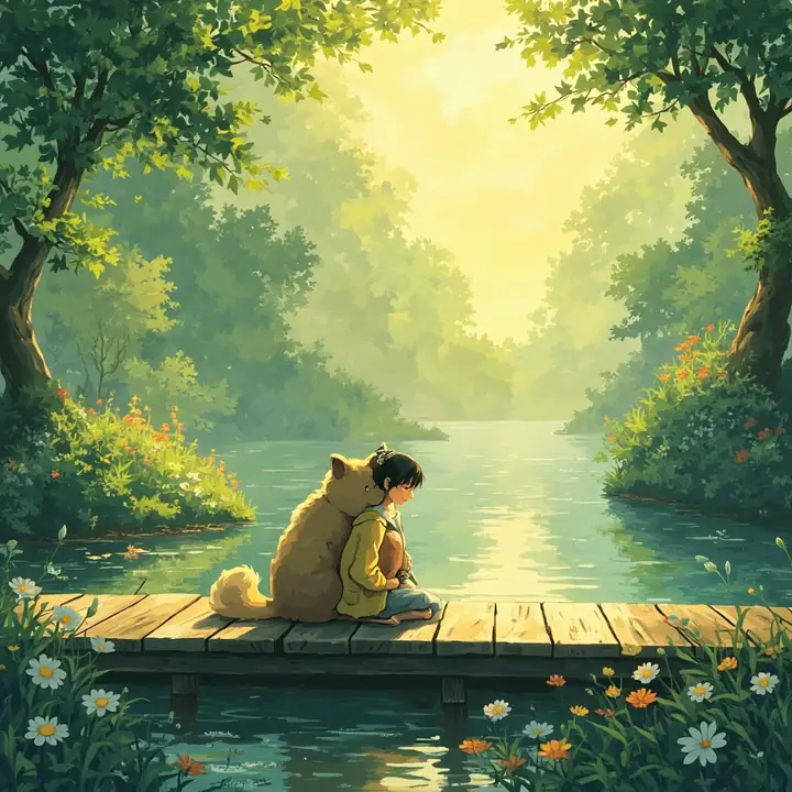 Ghibli-style owner and pet portrait example